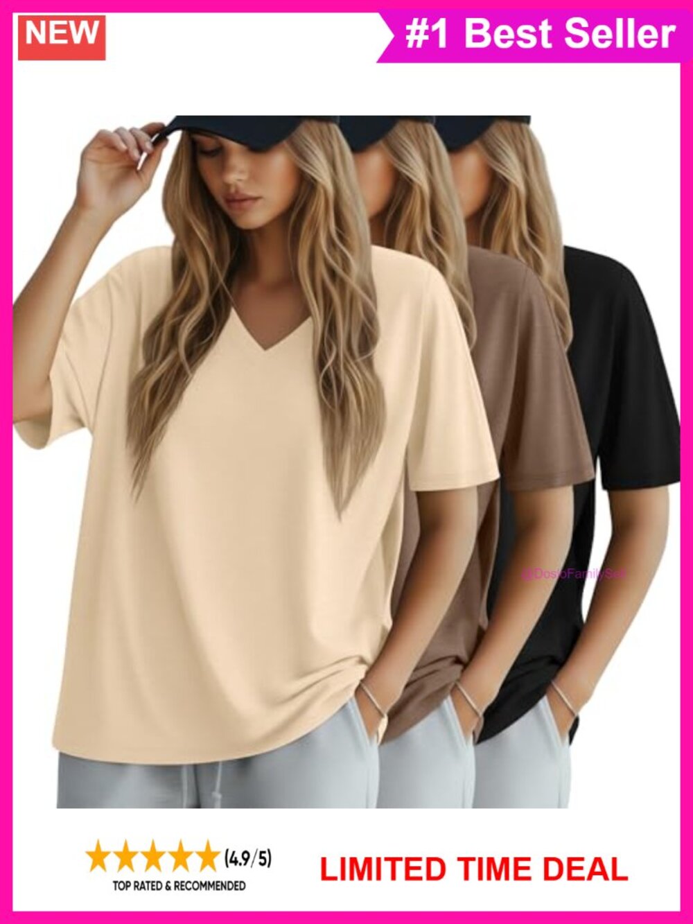 Oversized Cotton Blend V Neck Half Sleeve T Shirt Loose Fit 3 Pack